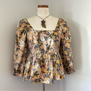 Altar'd State Floral Metallic Blouse babydoll style bohemian size Large